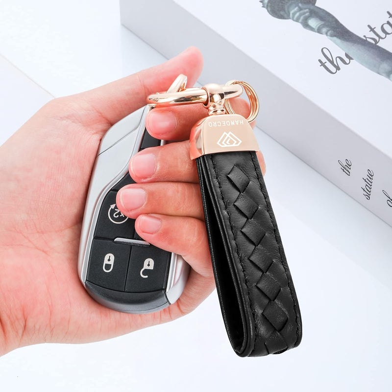 Hamdecro Store Genuine Leather Car Keychain, Handmade Knit Sheepskin Key chains for Women, Universal Key Fob Holder with 360 Degree Rotatable, Anti-Lost D-Ring, 2 Keyrings and 1 Screwdriver – Black - Image 5